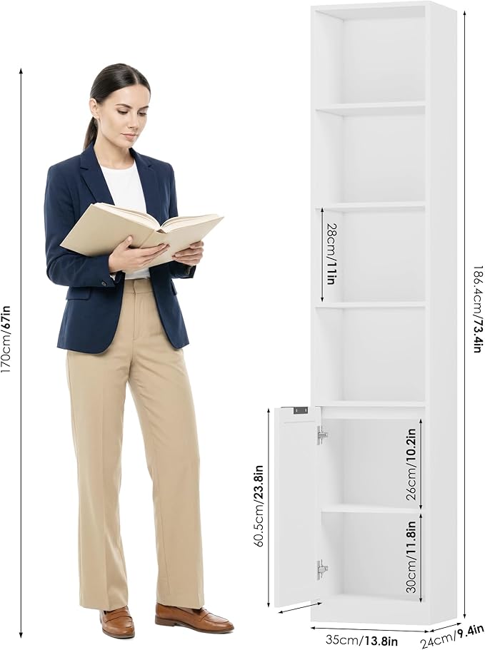 FACBOTALL 73.5" Tall Narrow Bookshelf, Tall Bathroom Storage Cabinet, Slim Bathroom Cabinet with Doors, 6 Tier Slim Bookshelf with Storage, Narrow Storage Cabinet for Living Room, Home Office, White