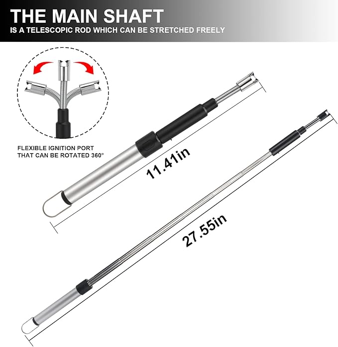 Electric Long Lighter, Retractable Length (11.4in-27.55in), Lgnition Port Can be Rotated 360°, Rechargeable via USB, lighters Suitable for Lighting Candles, barbecues, fireplaces, fire pits, etc.