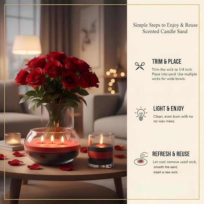 Monivi Scented Candle Sand with Wicks 3.53oz Red Sand Candles with Wicks Pearled Candle Sandwax Beads Mothers Day Gift 16 Burn Hours Refillable Candle Wax for Candle Making(Scented Rose)