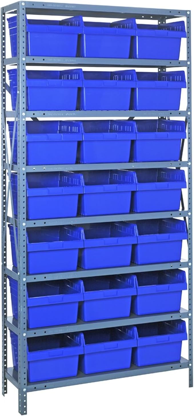 Quantum Storage Systems 1875-SB810BL Solid Heavy Duty 8 Shelves 21 STORE-MAX Blue Bins 75" H x 36" W x 18" D