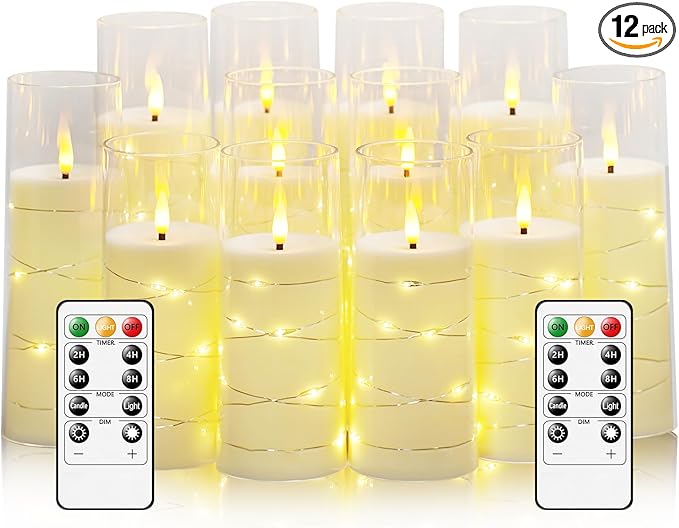 Sasigeiaa Flameless Candles with Embedded Star String - Battery Operated LED Candles, with Remote,12 Ivory Flickering Candles for Christmas, Weddings, Home Decor & Party,(D 2.3"×H 5" 6" 7")