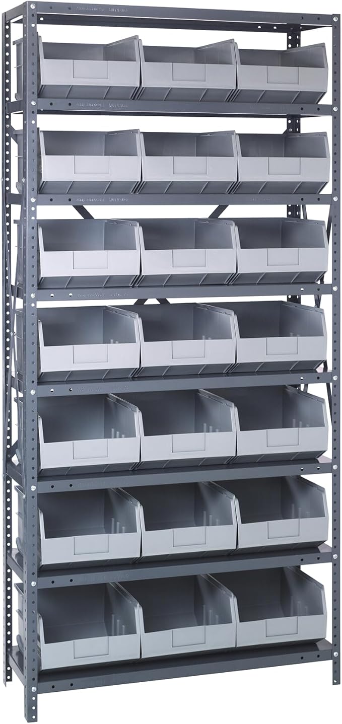 Quantum 1275-445GY Heavy Duty Shelving Unit with (8) Shelves and (21) SSB445 Gray Bins for Garage Warehouse Storage Distribution | 400 lb Load Capacity | 12"D x 36"L x 75"H, Galvanized Carbon Steel