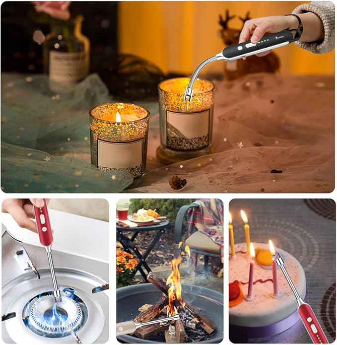SUPRUS Electric Rechargeable Arc Lighter with LED Battery Display Long Flexible Neck USB Lighter for Candle Cooking (Gold, 3Packs)