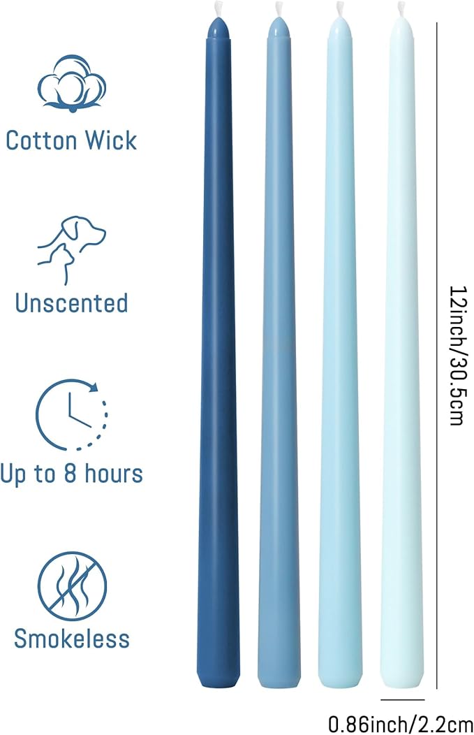 Viyffo Taper Candles, 12 Inch, 20 Pack, Blue – Unscented, Smokeless Design, Up to 8-Hour Burn – Tall Candlesticks for Table Decor, Weddings & Dinners