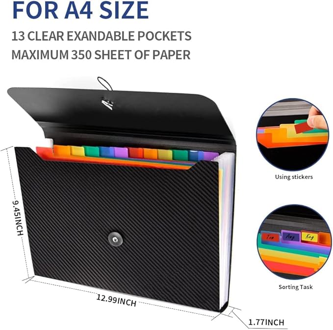 3Pcs Expanding File Folder, 13 Pockets Accordion File Holder Organizer, A4 Letter Size Paper Document Receipt Organizer Accordian Filing Folder for Classroom, Home, Office and Travel