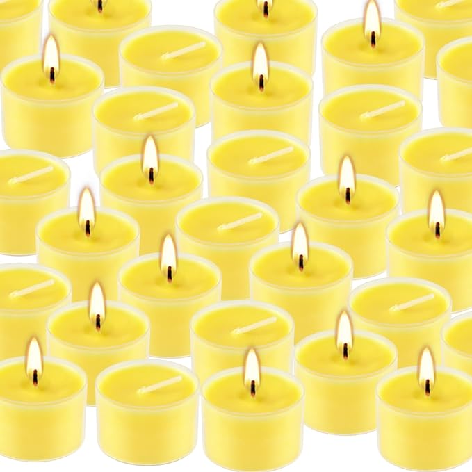50 Pack Clear Tea Lights Candles Bulk, Summer Citronella Candle Outdoor and Indoor, for Birthday Emergency Home Garden(8 Hour, Yellow)