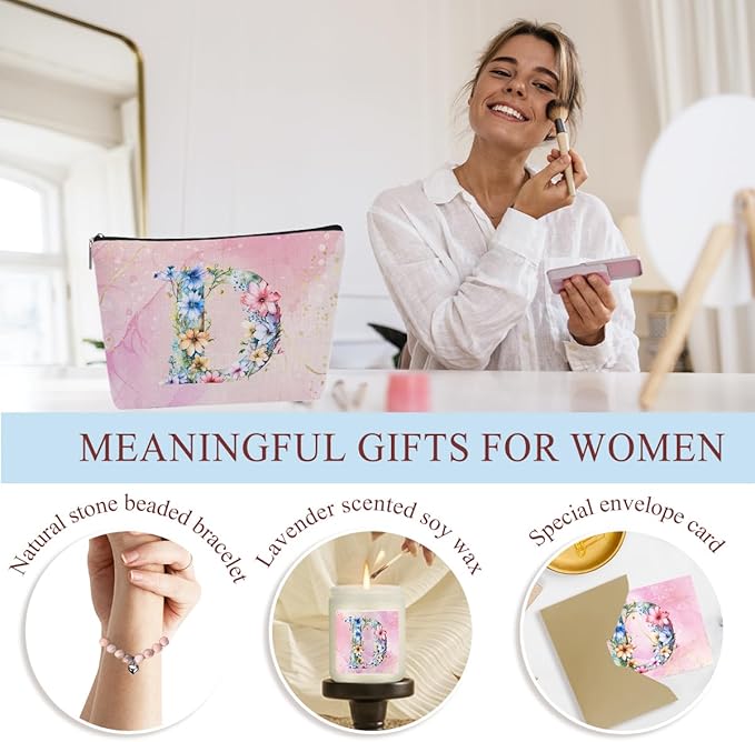 Personalized Gifts Monogrammed Birthday Gifts for Women, Niece Auntie Boss Teacher Appreciation Christmas Initial Wine Tumbler Makeup Bag Scented Candle Bracelet Set, (Aesthetic Pink Flower D)