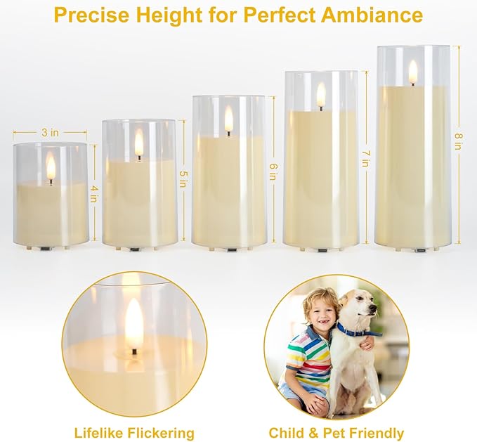 Rechargeable Flameless LED Candles, Flickering Candles, 5pc Pillar Candles for Valentine's Day, Wedding, Centerpiece Table Decorations, Home Decor, Anniversary