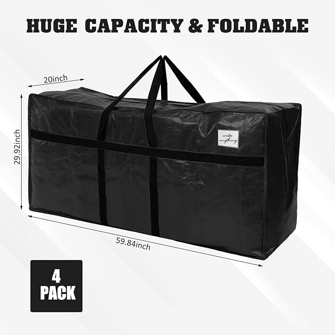 Windyun 4 Pack 155 Gallon Extra Large Moving Bags XXL Heavy Duty Storage Bag with Strong Zipper Handle Jumbo Big Tote Box Foldable for College Dorm Travel Clothes Duffle Blanket Pillow(Black)