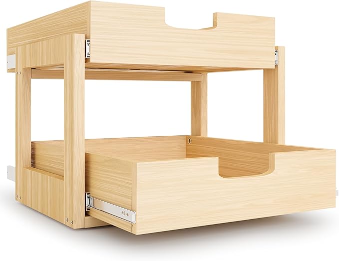 Pull Out Cabinet Organizer, 14''W×21''D×16''H Soft Close Slide Out Wooden Pull out Drawers, Double Tier Slide out Wood Cabinet Organizer, for Base Cabinet Organization in Kitchen, Pantry, Bathroom