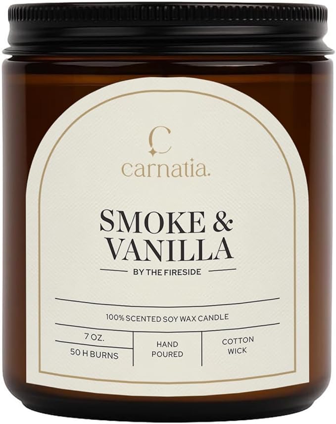 Carnatia Smoke & Vanilla Scented Candle – 7 oz | 100% Soy Wax with Cotton Wick | 50 Hour Burn | Aromatherapy Candle for Home, Cozy Mood & Relaxation | Gift for Women & Men