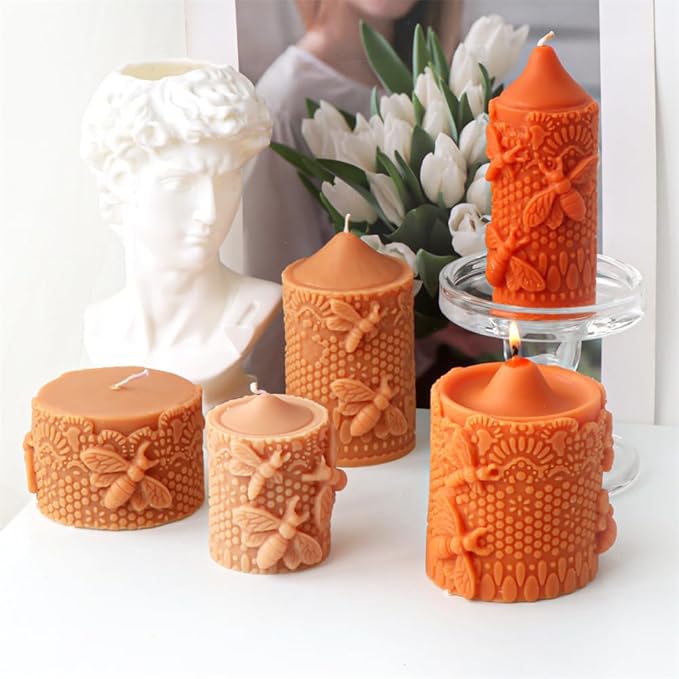 Bee Lace Trim Cylinder Candle Mold, Honeybee Beehive Pillar Silicone Mold for Beeswax Candle, Soy Wax Candle, Plaster Ornament, DIY Crafts (J)