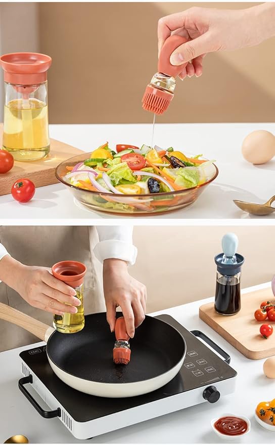 TINMIX Oil Dispenser with Brush - 2 Pack Glass Olive Oil Dispenser Bottle with Basting Brush for Cooking Frying Baking Kitchen 180ml, T-OB21 Blue