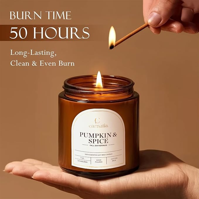 Carnatia Pumpkin & Spice Scented Candle – 7 oz | 100% Soy Wax with Cotton Wick | 50 Hour Burn | Aromatherapy Candle for Home, Cozy Fall Ambience & Relaxation | Gift for Women & Men