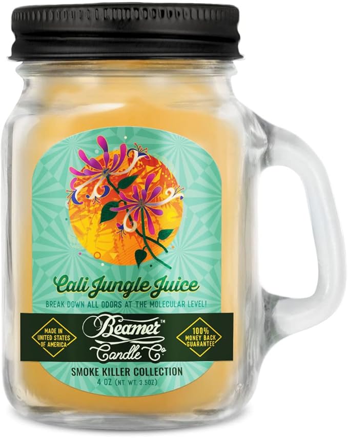 Beamer Candle Co. - Cali Jungle Juice Candle – Sweet Honeysuckle Scent – Notes of Bergamot, Jasmine, Lily - Odor Eliminating - High Fragrance - Small 4oz Mason Jar - 22 Hour Burn Time