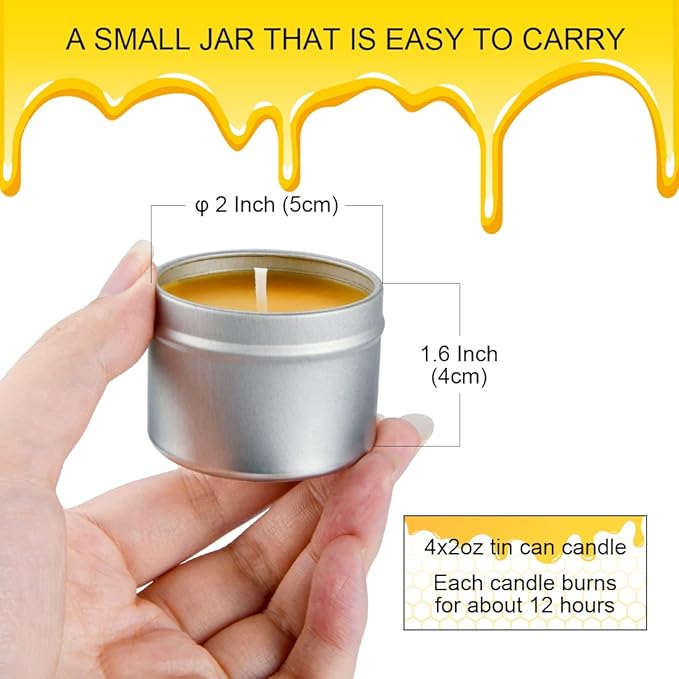 DEYBBY Pure Beeswax Emergency Candle Set of 4 - Natural Honey Scented Travel Tin