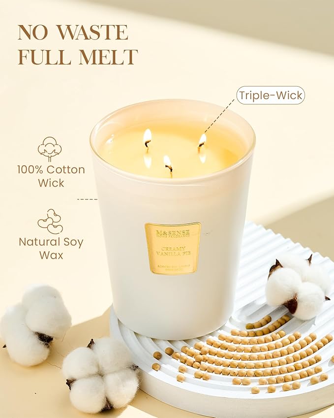 M&SENSE Creamy Vanilla Soy Large Candles, 3-Wick 35oz 150H Long Lasting, Aromatherapy Candle for Bedroom Stress Relief New Year Home Refresh