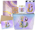 Personalized Gifts Monogrammed Birthday Gifts for Women, Sister Cowerker Mom Boss Day Christmas Appreciation Initial Wine Tumbler Makeup Bag Scented Candle Bracelet Set, (Aesthetic Purple Flower B)