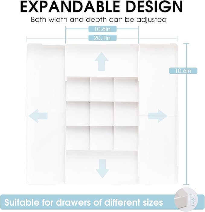 MIUOPUR Expandable Drawer Organizer, Width (10.6"-20.1") Depth (11"-20.1"), Plastic Makeup Drawer Organizer with 6 Removable Dividers, Silverware Organizer, Great for kitchen and Bathroom Drawers