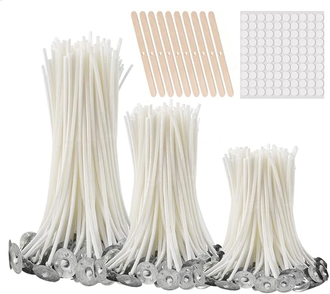 buluker 150Pcs Functional Smokeless Candle Wicks - Pre Waxed Cotton Wick with Metal Sustainer Tabs for Pillar Candle Making and DIY, (Thick3.5+6"+8")