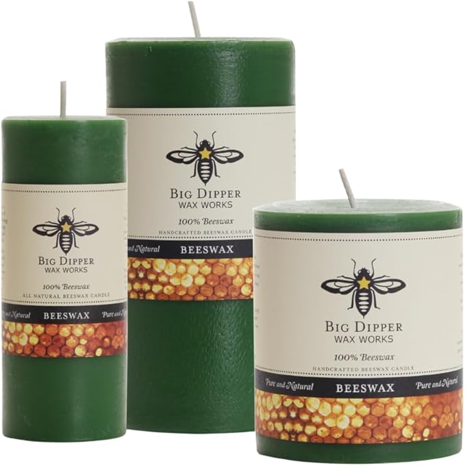 Big Dipper Wax Works Moss Green Pillar Candle, 60-Hour Long Burn, Pure Beeswax Candle, 3" x 3.5”