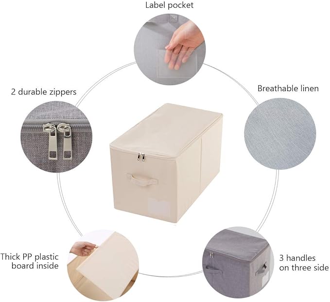 iwill CREATE PRO Pack of 2, Zip Lidded Wardrobe Storage Bins,Collapsible Fabric Storage Boxes for Clothing, Bedding, Toys, Blankets Organizer, Foldable & Washable, Beige