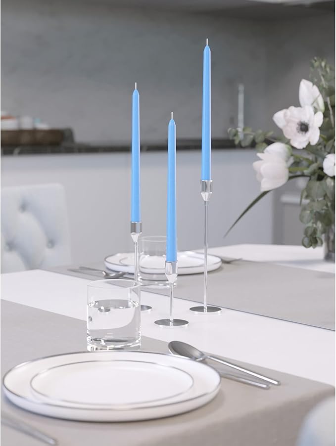 CANDWAX 12 inch Light Blue Taper Candles Set of 12 - Unscented Smokeless Dripless Tall Candle Sticks - Perfect for Special Occasions, Ordinary Dinners and as Easter Candles - Light Blue Candlesticks