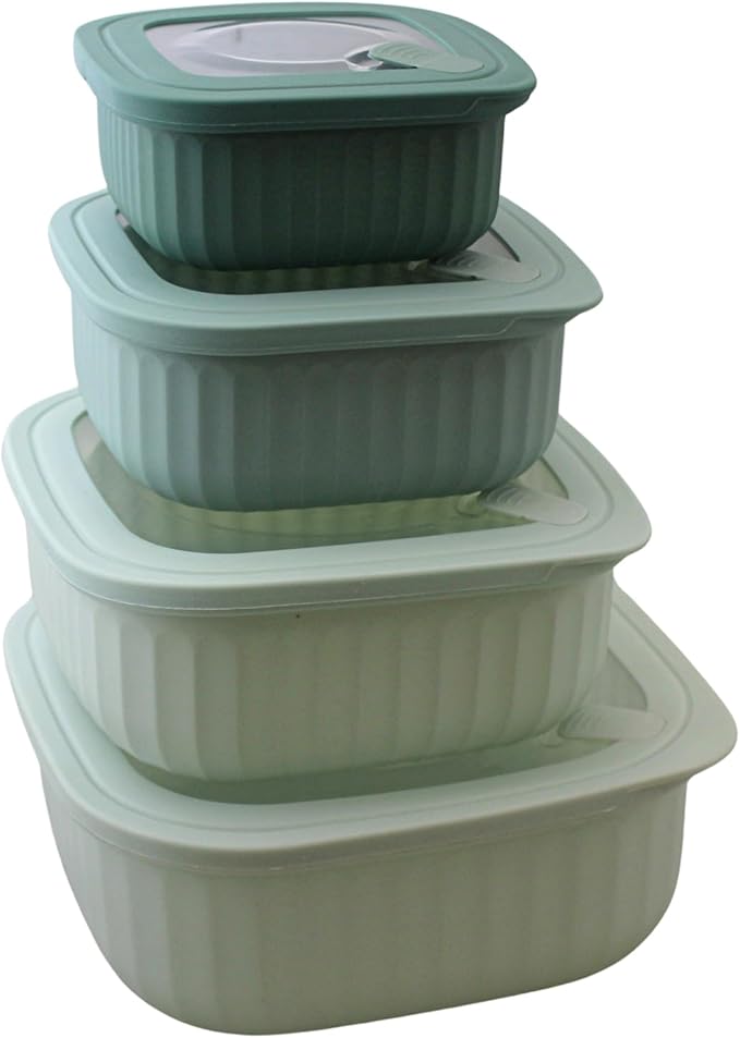 Set of 4 BPA-Free Square Food Storage Containers Vented Lids Assorted Sizes, Microwave & Freezer Safe Nesting Design for Leftovers Meal Prep Fridge Organization Dry Grains (Green)
