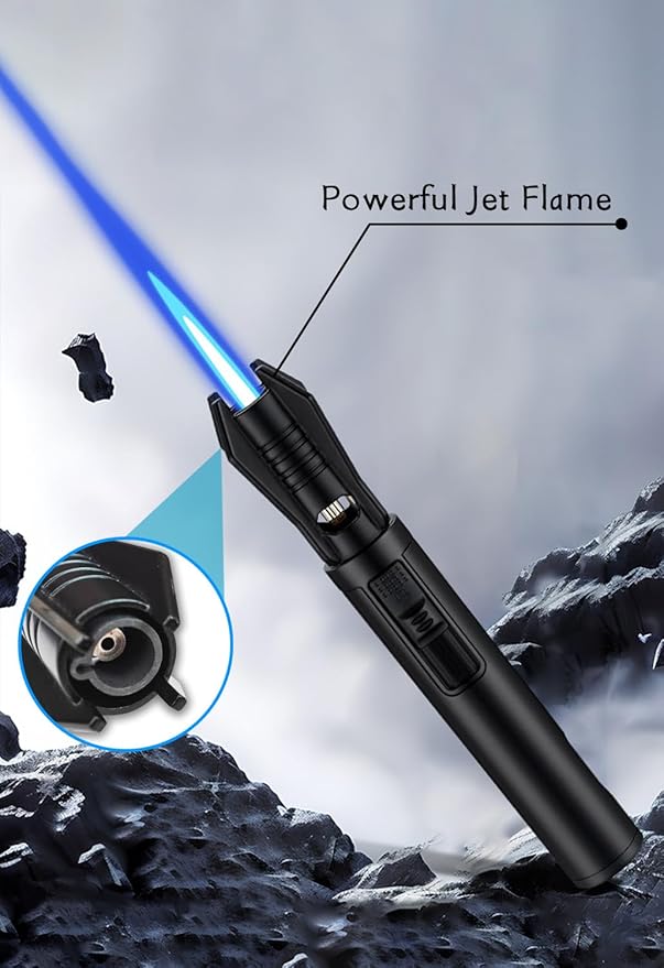 Torch Lighter - Windproof Jet Flame Refillable Butane Lighter with Adjustable Flame, Lightsaber Design, Visible Window, for Kitchen, Outdoor(Gas Not Include) (Black)