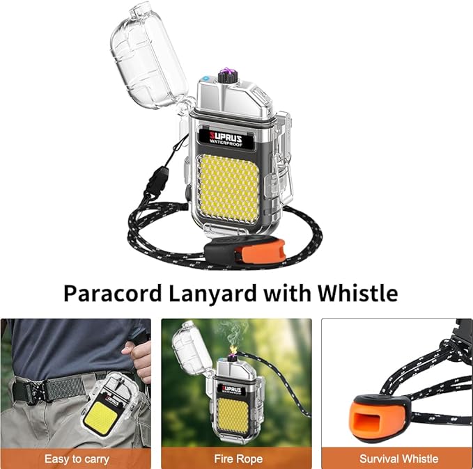 SUPRUS Waterproof 3 Modes of Flashlight Windproof Lighter Dual Arc Electric Rechargeable Dual Arc Plasma Lighter with Survival Emergency Whistle and Lanyard (Black, 2Packs)