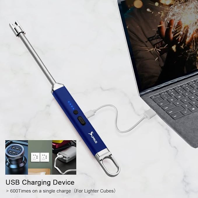 SUPRUS Rechargeable USB Arc Electric Lighetrs with Safety Switch 360° Flexible Neck Flameless Grill Long Lighters for Candle Camping Cooking (Dark Blue, 2Packs)