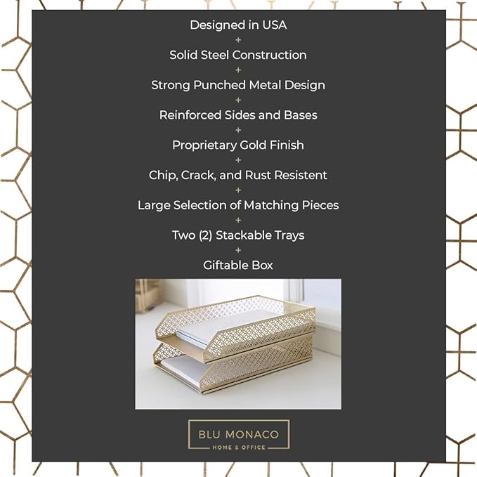 BLU MONACO | Paper Tray Stackable Gold Set of 2 | Stackable File Trays for Desk Organization | Tiered Desk Organizer with Metal Letter Trays