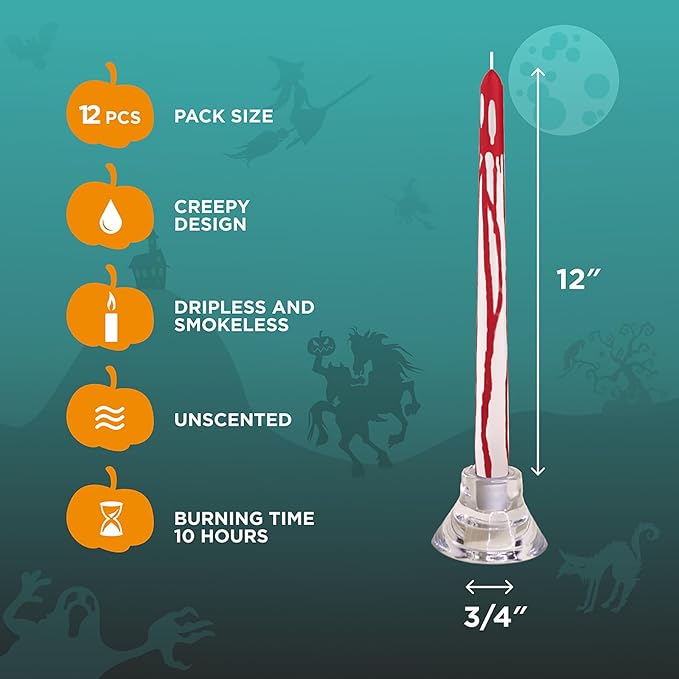 CANDWAX 12 inch Taper Candles Set of 12 - Unscented, Blood White, No Drip Taper Candles - Ideal for Halloween or Themed Events