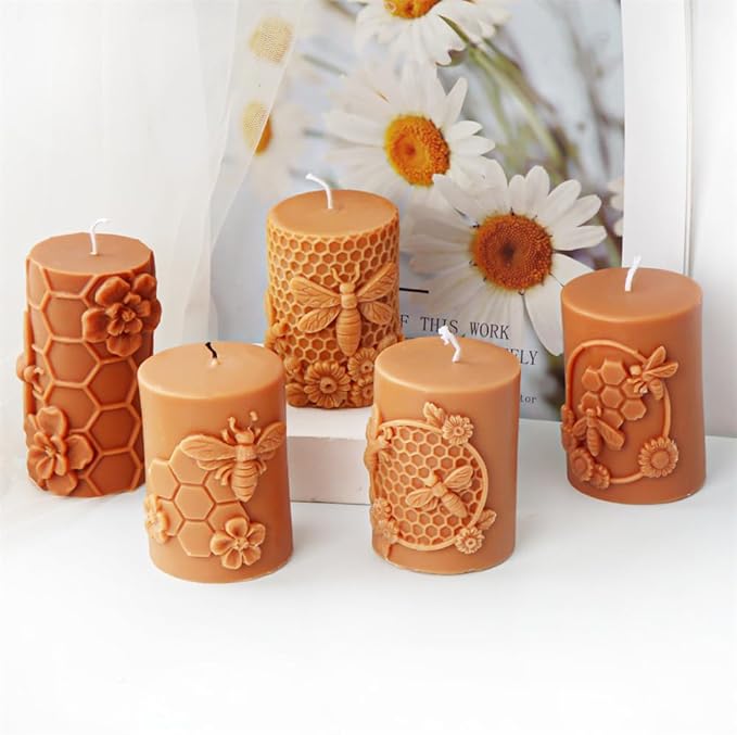 Bee Honeycomb Flower Cylinder Candle Mold, Honeybee Beehive Pillar Silicone Mold for Beeswax Candle, Soy Wax Candle, Plaster Ornament, DIY Crafts (E)
