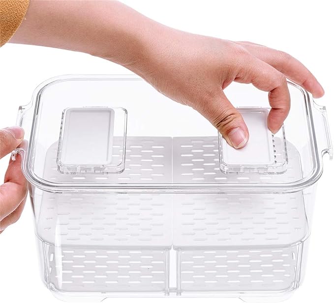 Slideep Food Storage Containers, 2 Tier Stackable Fridge Produce Saver with Lids, Removable Drain Tray Drawers Refrigerator Produce Keeper with Strainer for Veggie, Berry, Fruits, Vegetables 4 Pack