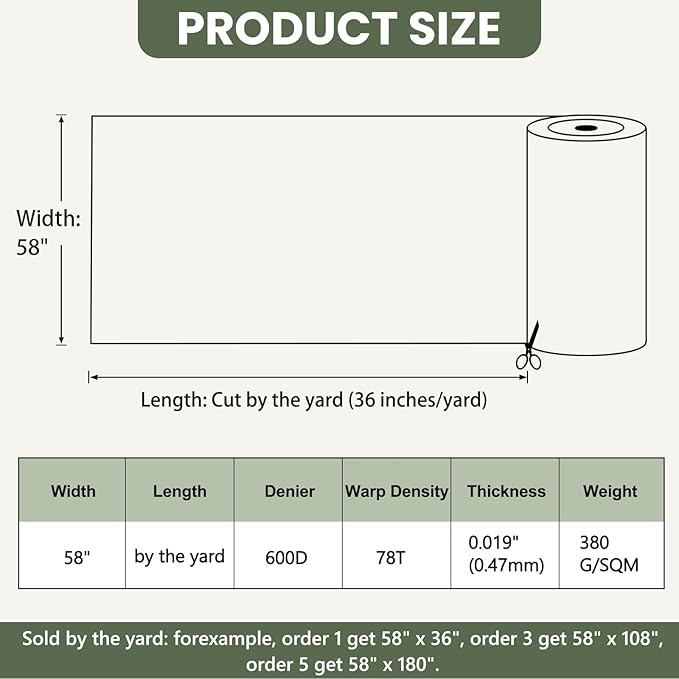 Waterproof Marine Canvas Fabric by The Yard 58" W 600D PVC Backing Water-Resistant Polyester Fabric Upholstery Material for Outdoor Indoor Marine Awning Tent Boat Furniture Cover, 10 Yards Army Green