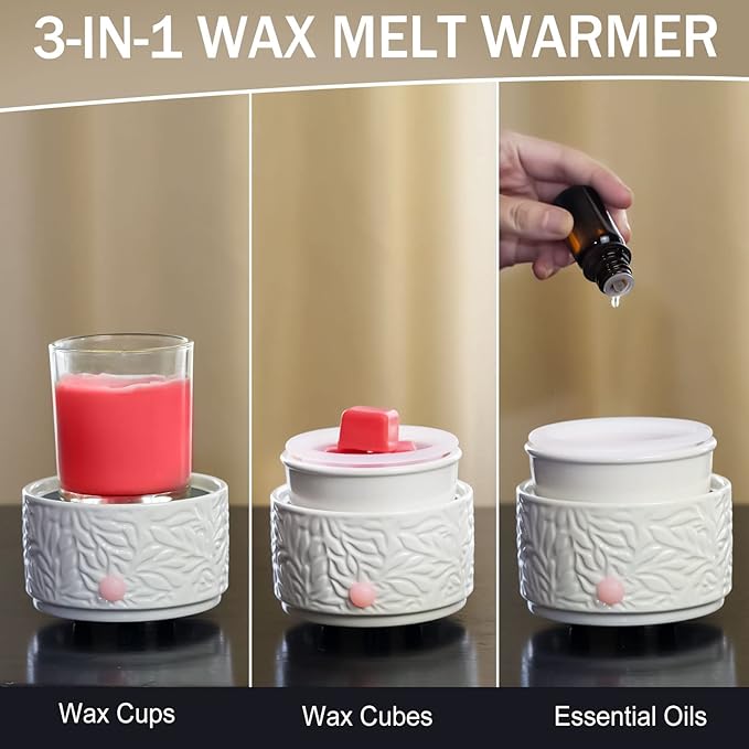 Wax Melt Warmer with Timer & Silicone Liner, Electric 3-in-1 Wax Melter, Ceramic Candle Warmer for Scented Wax, Scent Oil Burner for Home Aromatherapy, White