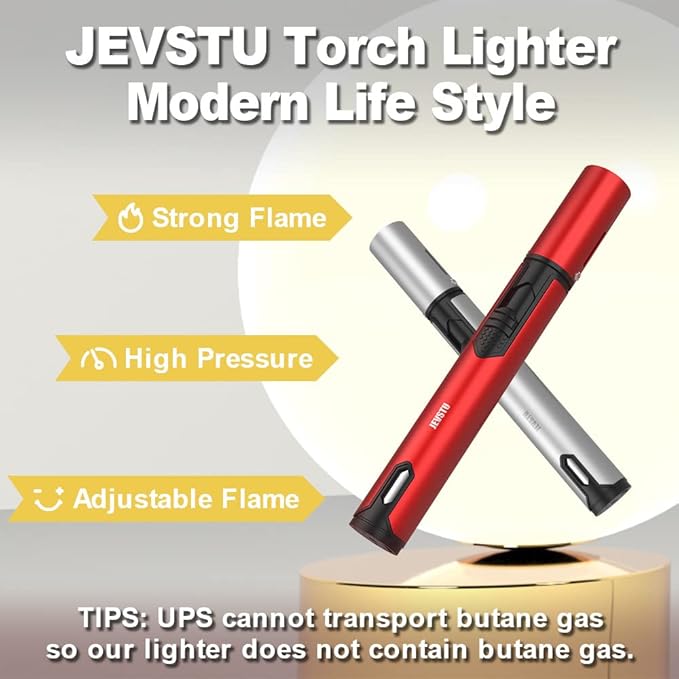 2 Pack Torch Lighter with Fuel Level Window, Adjustable Fire Jet Torch Windproof Lighter Long for Grill Cooking Candle, Red & Silver