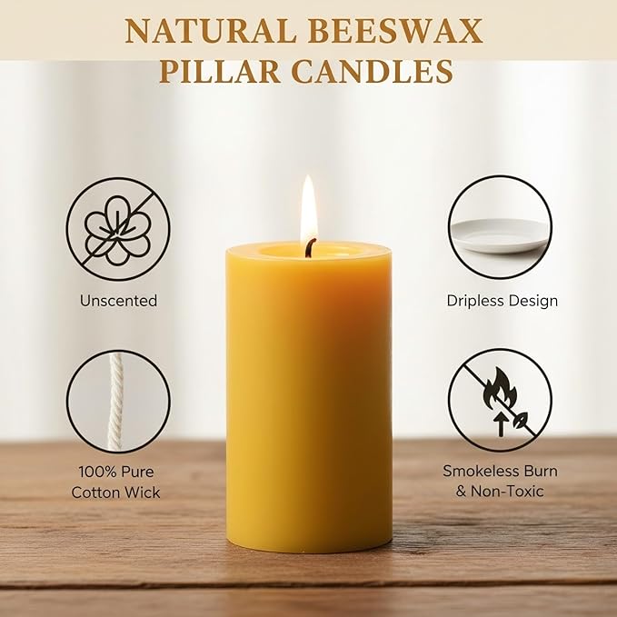 Natural Beeswax Pillar Candles 4 Packs, Non Toxic Beeswax Candles-140 Hours Long Burning, Organic Emergency Bees Wax Candles for Home, Paryer, Parties, Unscented Dripless Smokeless Candles, 2x4in