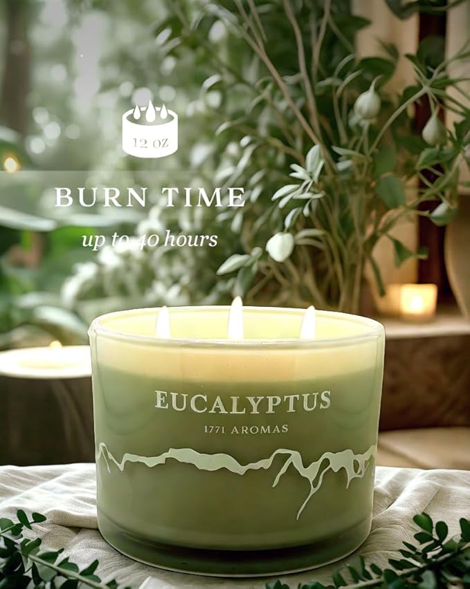 Eucalyptus Scented Candles - 100% Natural Soy Wax - Large 3 Wick Jar Candle - Up to 50 Hours Burning Time - Candles for Home - Gift-Ready Candle for Men & Women - Aromatherapy Candles