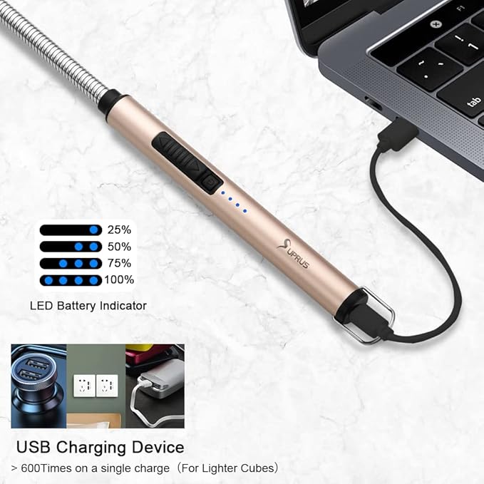 SUPRUS Electric Candle Lighter USB Type C Rechargeable Lighter Steel Shell & Hanging Hook with 360° Flexible Neck(Gold)