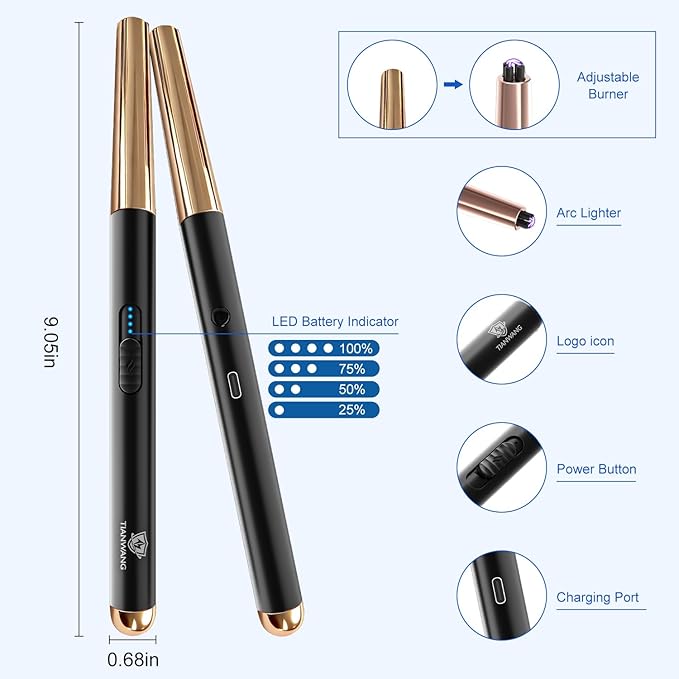 Electric Candle Lighter USB Rechargeable with Safety Lock & LED Display, Windproof Flameless Arc Lighter for BBQ, Camping, Kitchen, Gifts for Women Men(Black)