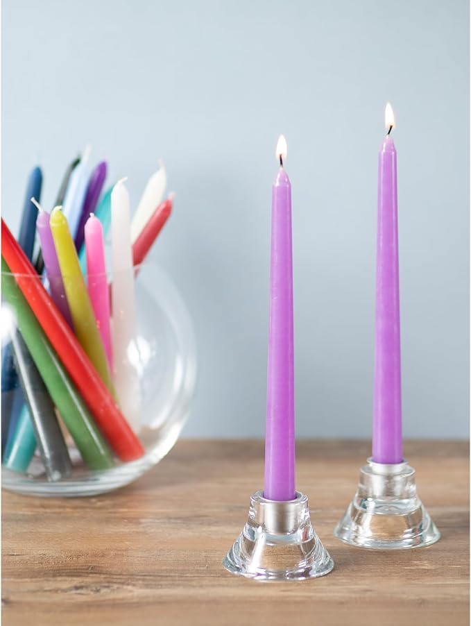 CANDWAX Lilac 8 inch Taper Candles Set of 12 - Unscented Smokeless Dripless Tall Candlesticks - Perfect for Special Occasions, Ordinary Dinners, Holidays and as Easter Candles - Lavender Candle Sticks