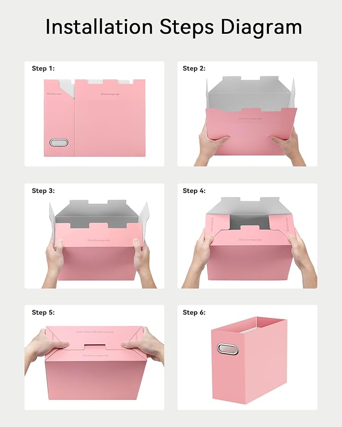 Oterri File Organizer Box, Portable Collapsible Cardboard File Folder Organizer with Handle for Letter Size Hanging Files, Document Storage Box for Home Office & Classroom (2 Packs, Pink)