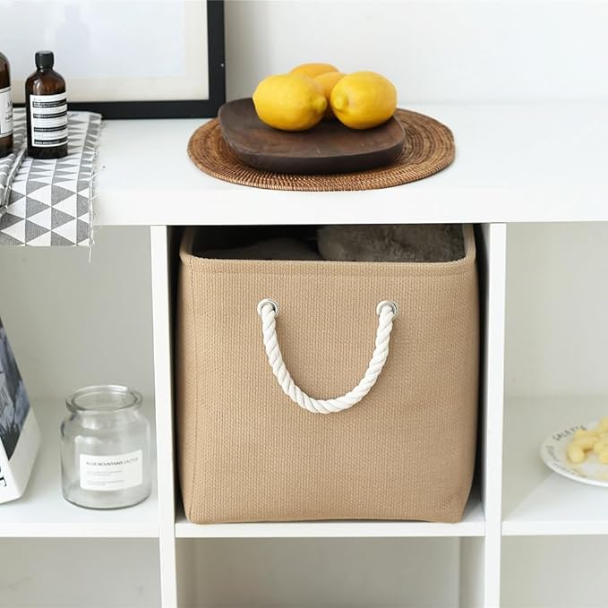 TheWarmHome Organization and Storage Basket for Organizing - 3 Pack 16x12x12 inch Cube Fabric Storage Cubes, Storage Bin for Shelves Gift Closet Organizer Cloth Toy (Beige)