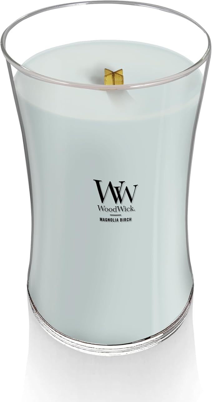 WoodWick Magnolia Birch Holiday Candle Gifts for Women and Men, 21.5 oz Large Hourglass Candle with Crackling Wick
