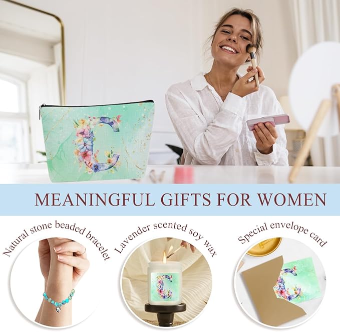 Personalized Gifts Monogrammed Birthday Gifts for Women, Cowerker Bride Wife Sister Wedding Christmas Initial Wine Tumbler Makeup Bag Scented Candle Bracelet Set, (Aesthetic Green Flower C)