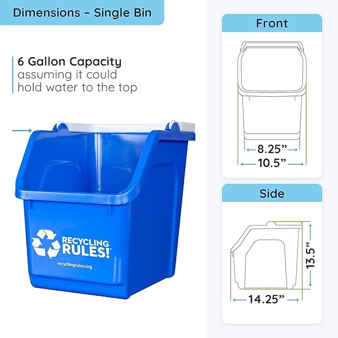 Recycling Rules! 6 Gallon Stackable Recycling Bin Container in Blue, Eco-Friendly BPA-Free Handy Recycler with Handle