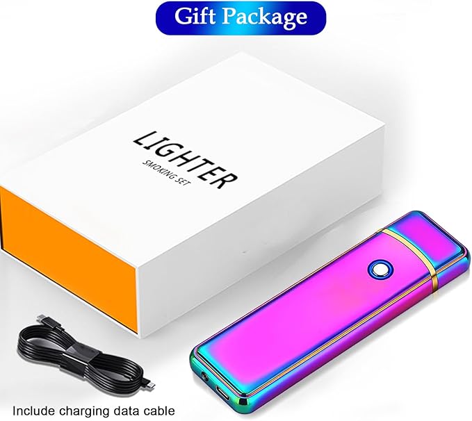 Electronic USB Rechargeable Lighter - Smart Dual Sided Ignition Windproof Flameless Portable Lightweight Plasma for Indoor Outdoor (Rainbow Ice)