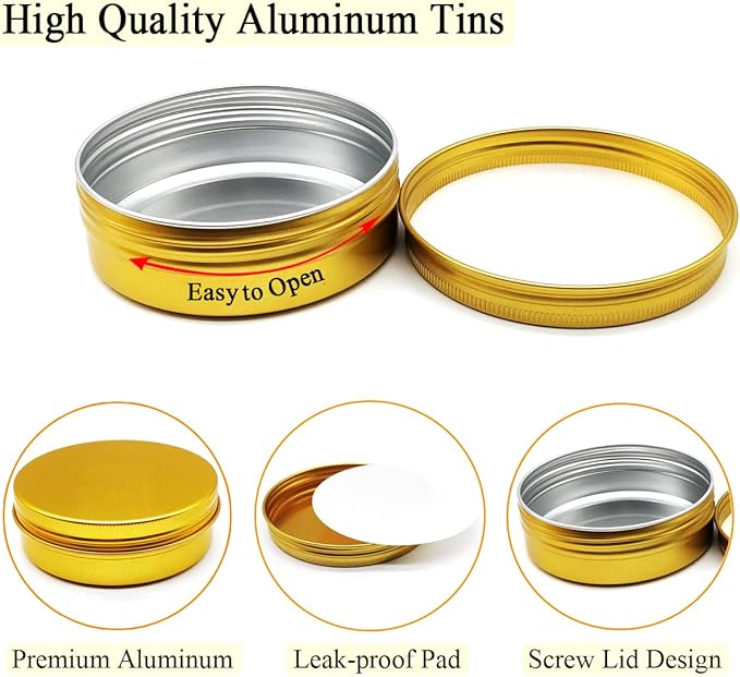 6pack 100ml Aluminum Tin Jars, 100 Gram Empty Travel Cosmetic Sample Container with Screw Cap Lid, 100g Gold Metal Tins Can for DIY Crafts, Lip Balms, Face Cream, Candle, Tea, Paint, Slime
